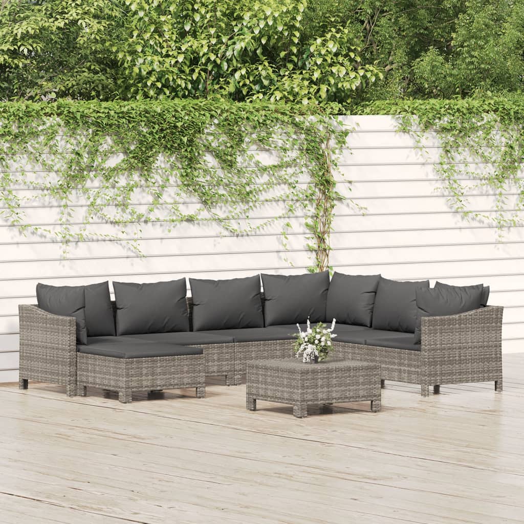 7-delige Loungeset met kussens poly rattan grijs