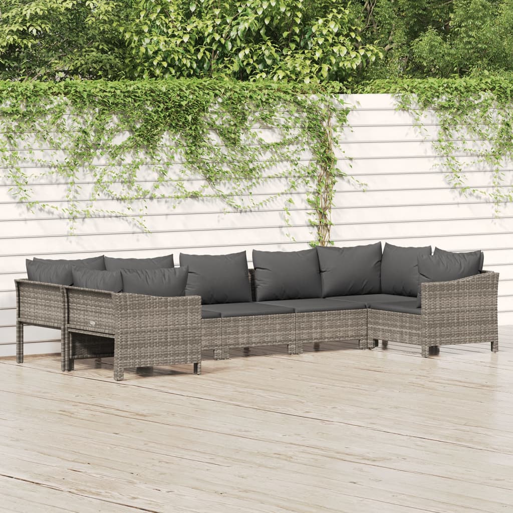 7-delige Loungeset met kussens poly rattan grijs