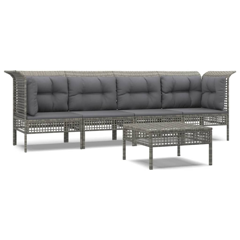 5-delige Loungeset met kussens poly rattan grijs