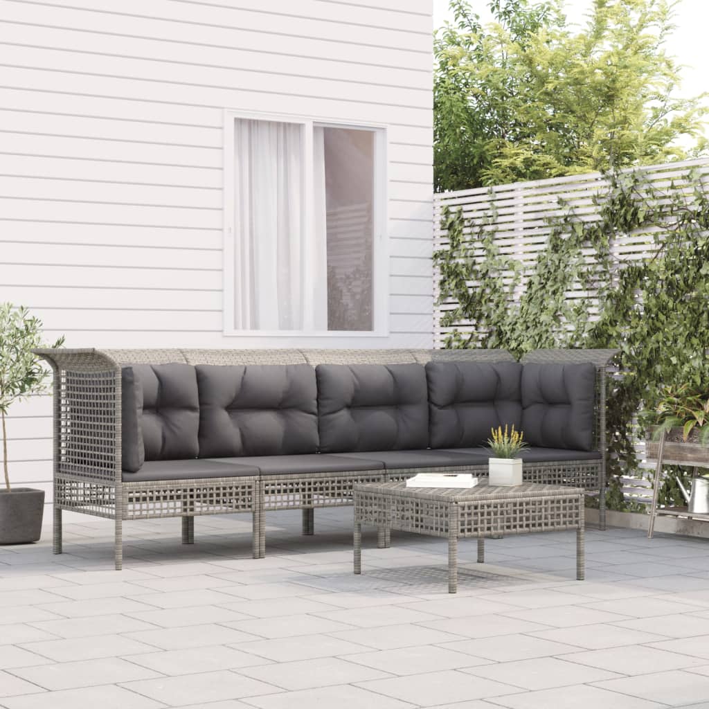 5-delige Loungeset met kussens poly rattan grijs