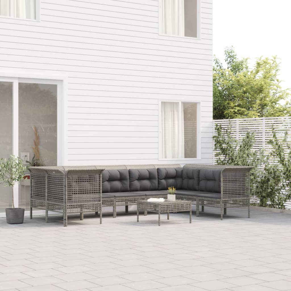 7-delige Loungeset met kussens poly rattan grijs