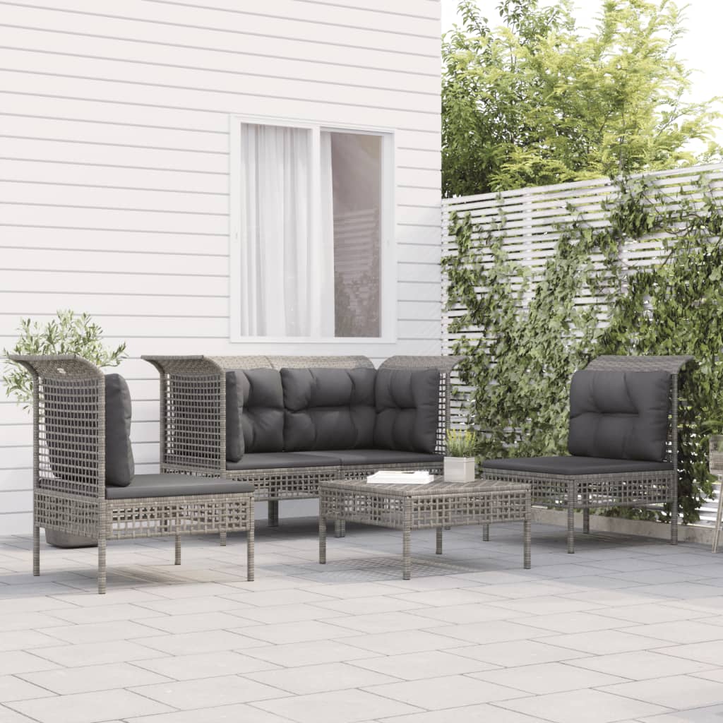 5-delige Loungeset met kussens poly rattan grijs