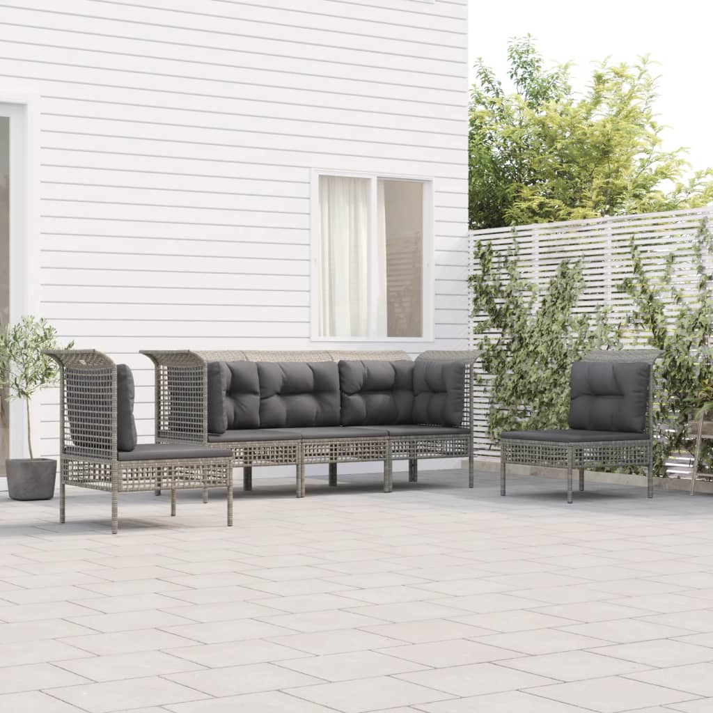 5-delige Loungeset met kussens poly rattan grijs