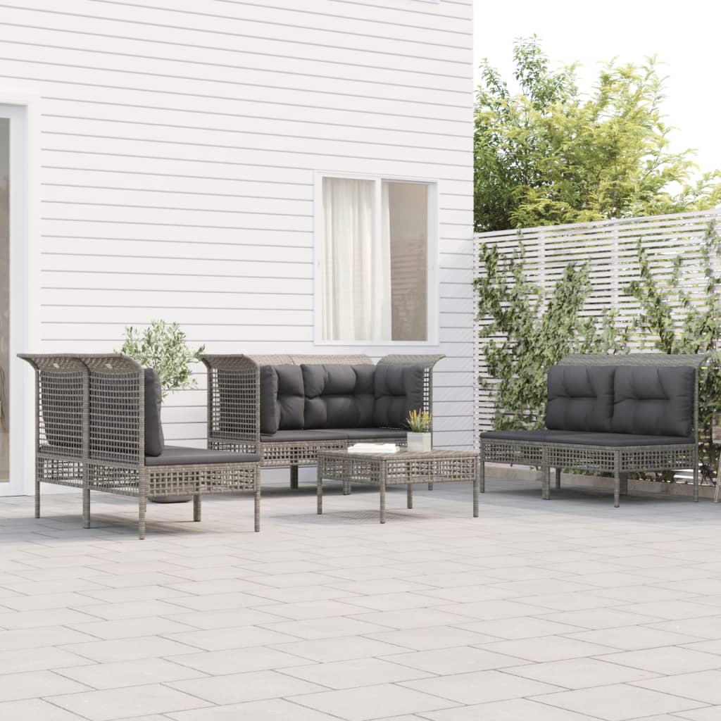 6-delige Loungeset met kussens poly rattan grijs