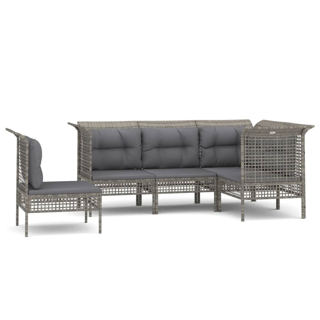 5-delige Loungeset met kussens poly rattan grijs