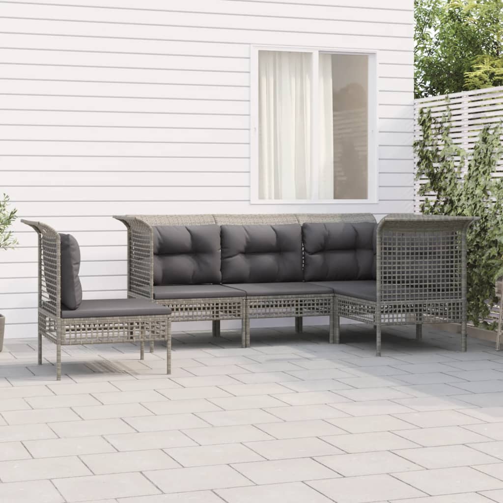 5-delige Loungeset met kussens poly rattan grijs