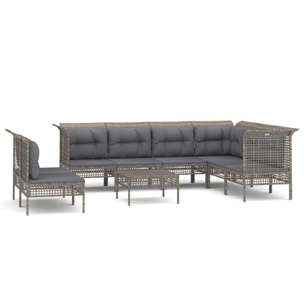 10-delige Loungeset met kussens poly rattan grijs