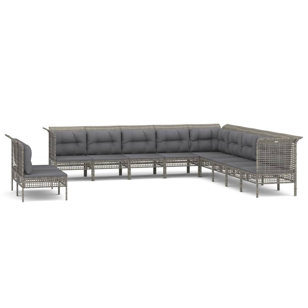 10-delige Loungeset met kussens poly rattan grijs