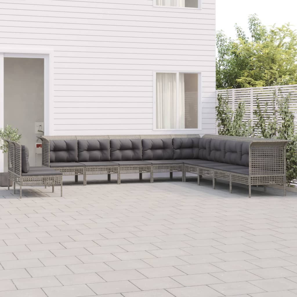 10-delige Loungeset met kussens poly rattan grijs