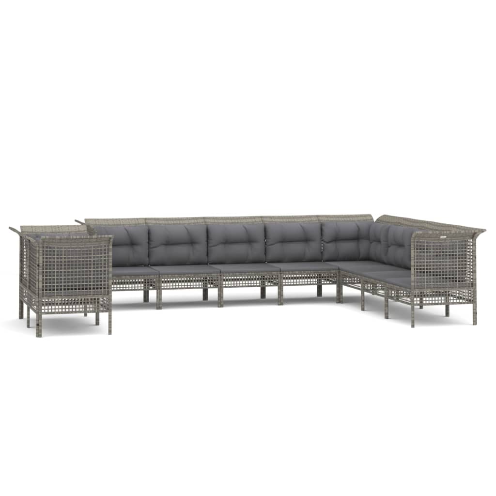 10-delige Loungeset met kussens poly rattan grijs