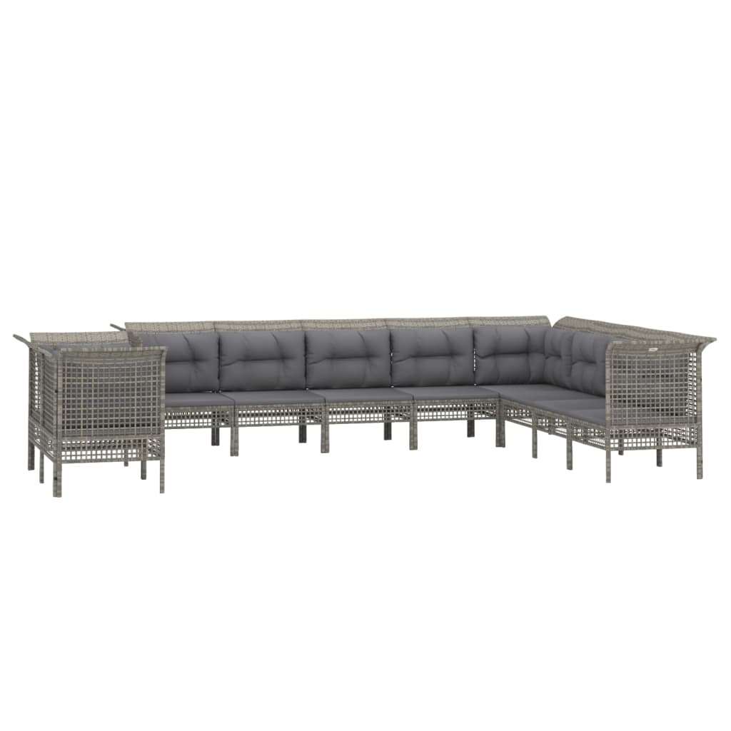 10-delige Loungeset met kussens poly rattan grijs