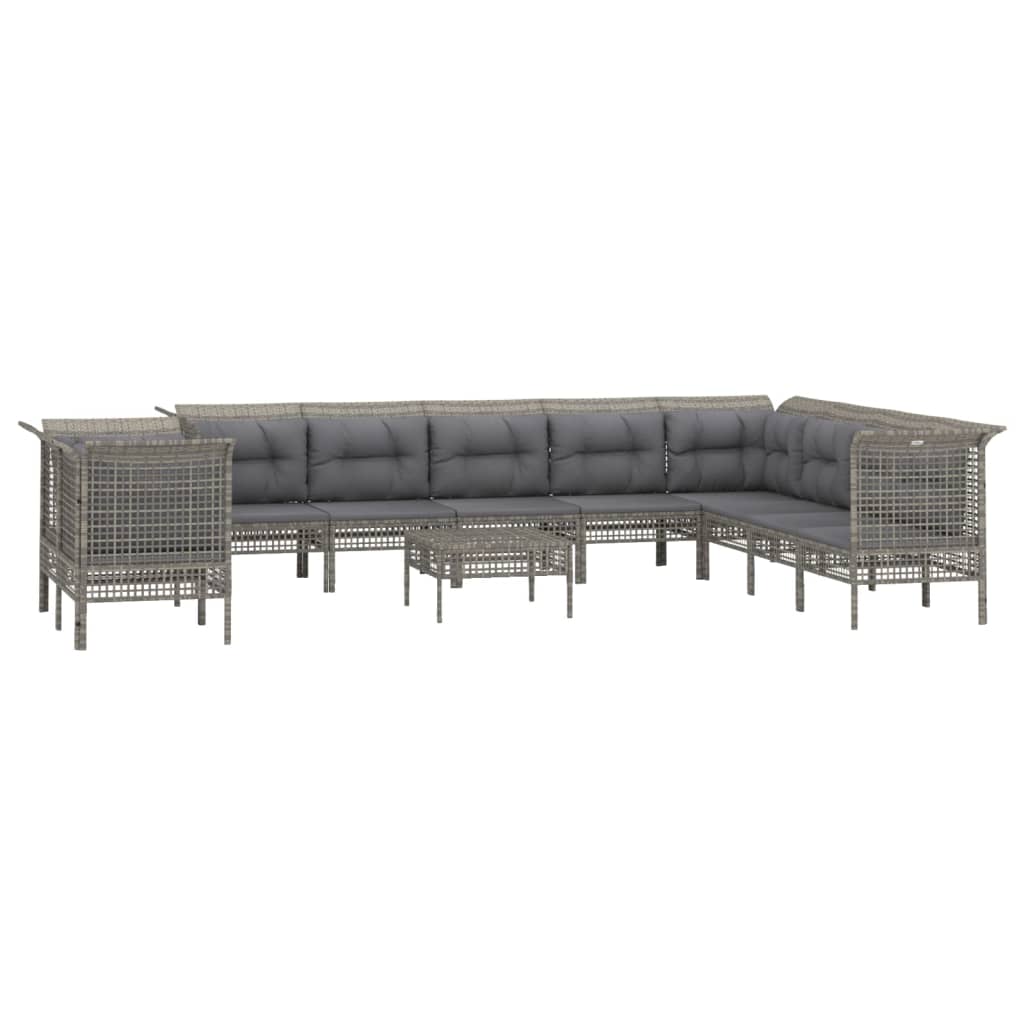 10-delige Loungeset met kussens poly rattan grijs