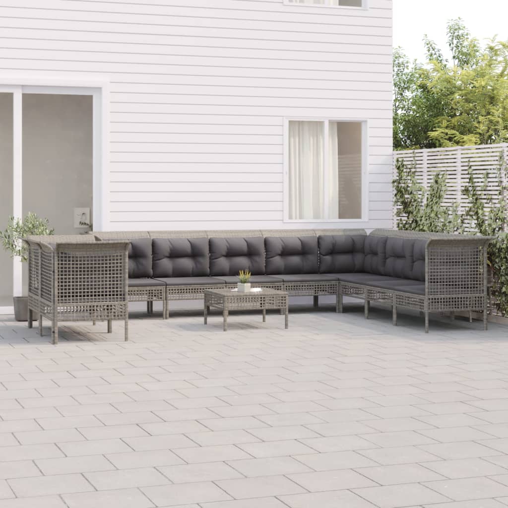 10-delige Loungeset met kussens poly rattan grijs