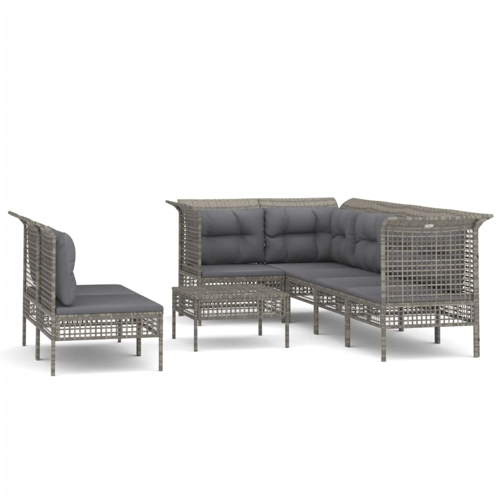 7-delige Loungeset met kussens poly rattan grijs