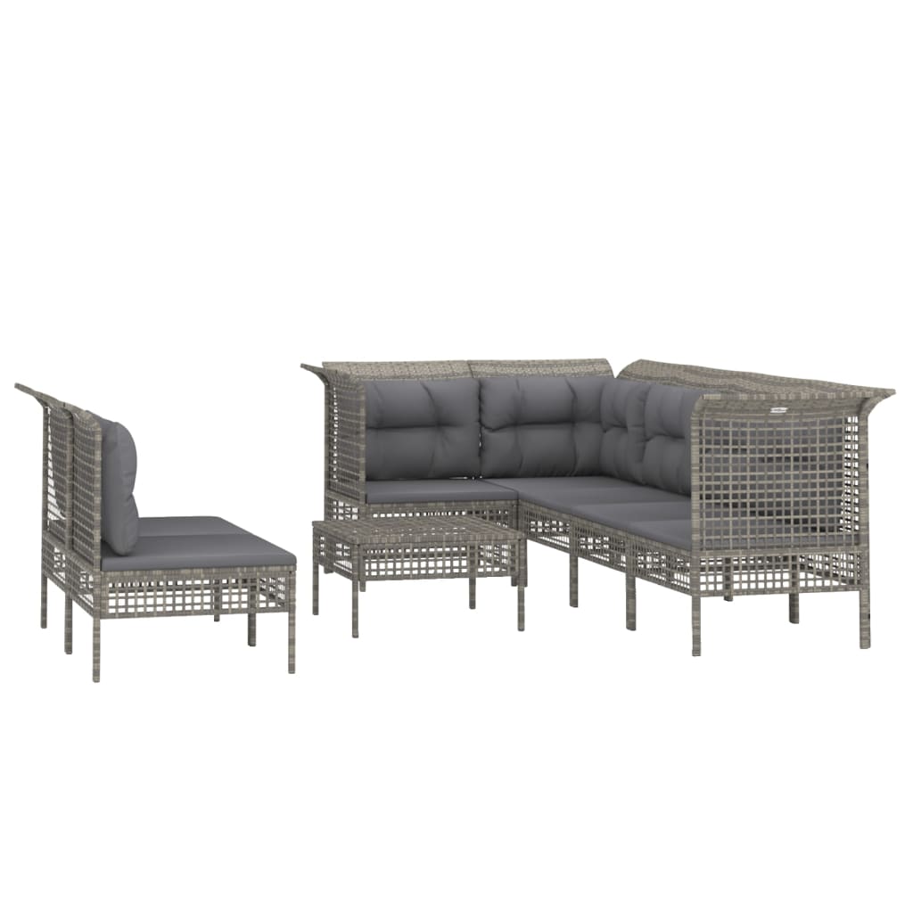 7-delige Loungeset met kussens poly rattan grijs