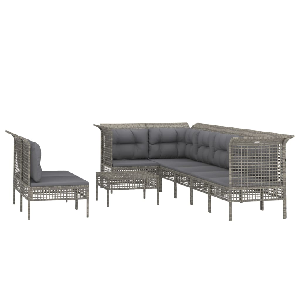 7-delige Loungeset met kussens poly rattan grijs