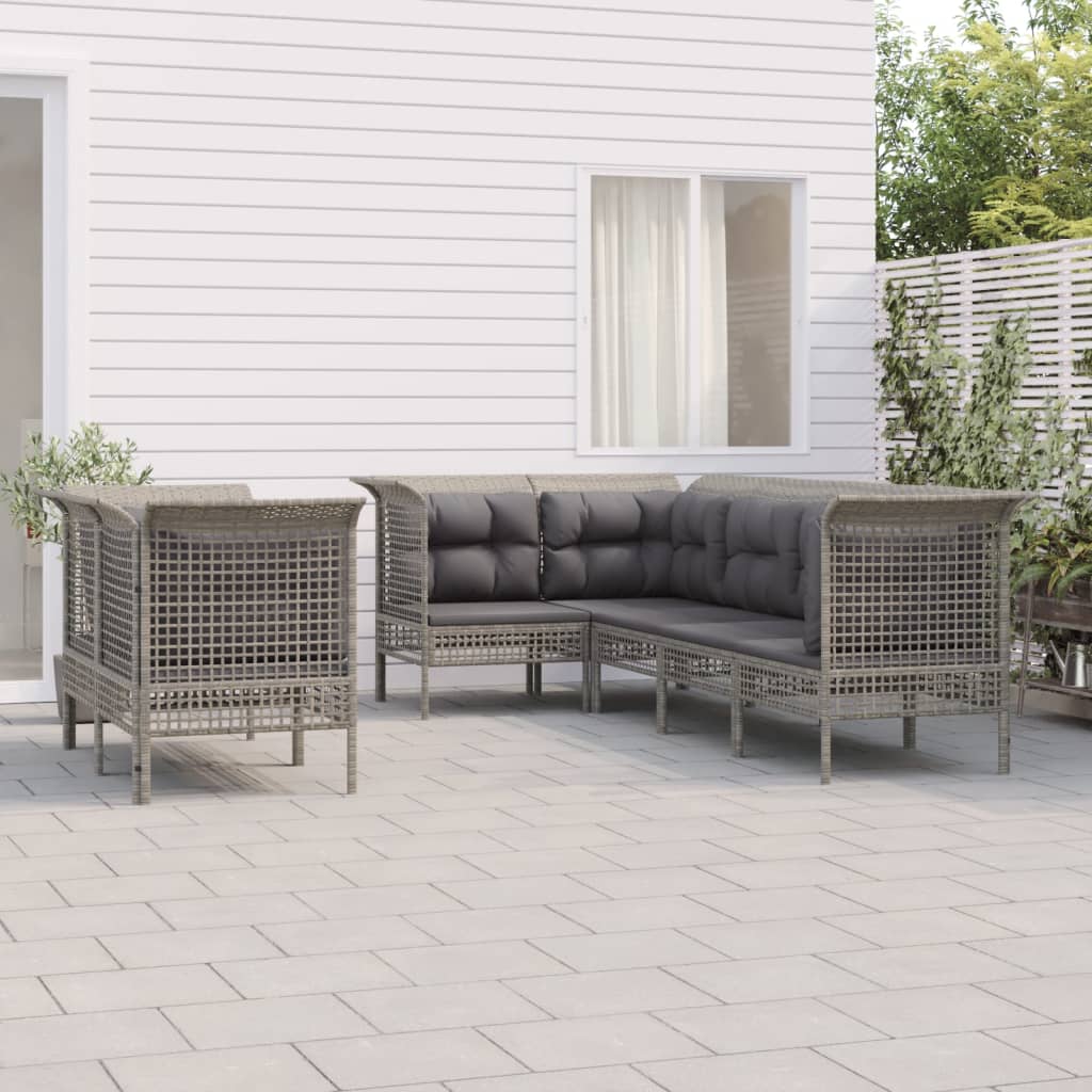 7-delige Loungeset met kussens poly rattan grijs