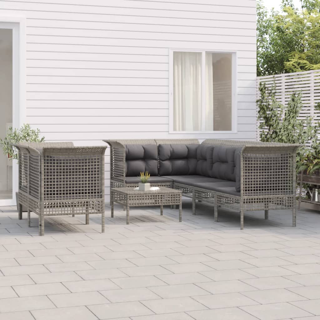 7-delige Loungeset met kussens poly rattan grijs