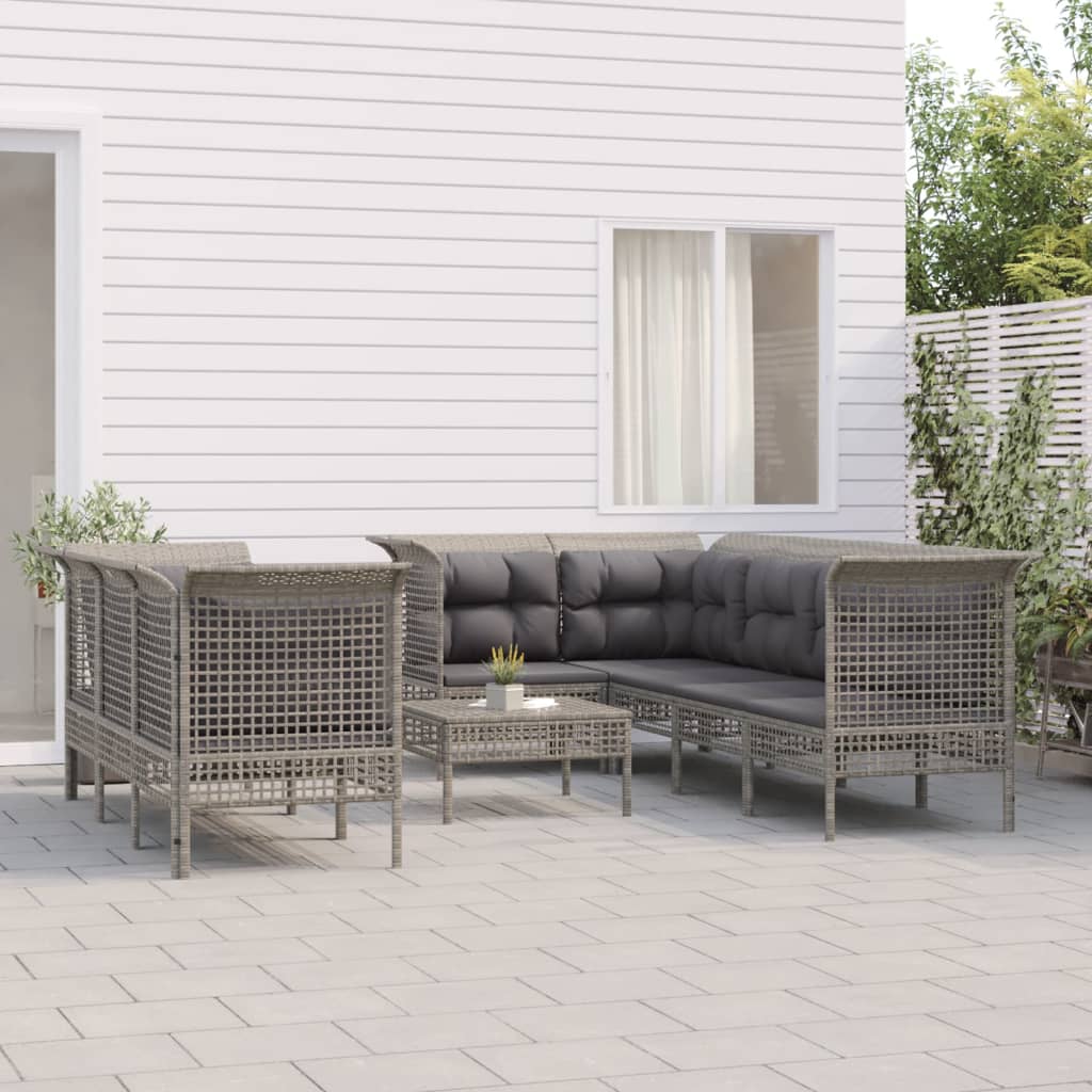 9-delige Loungeset met kussens poly rattan grijs