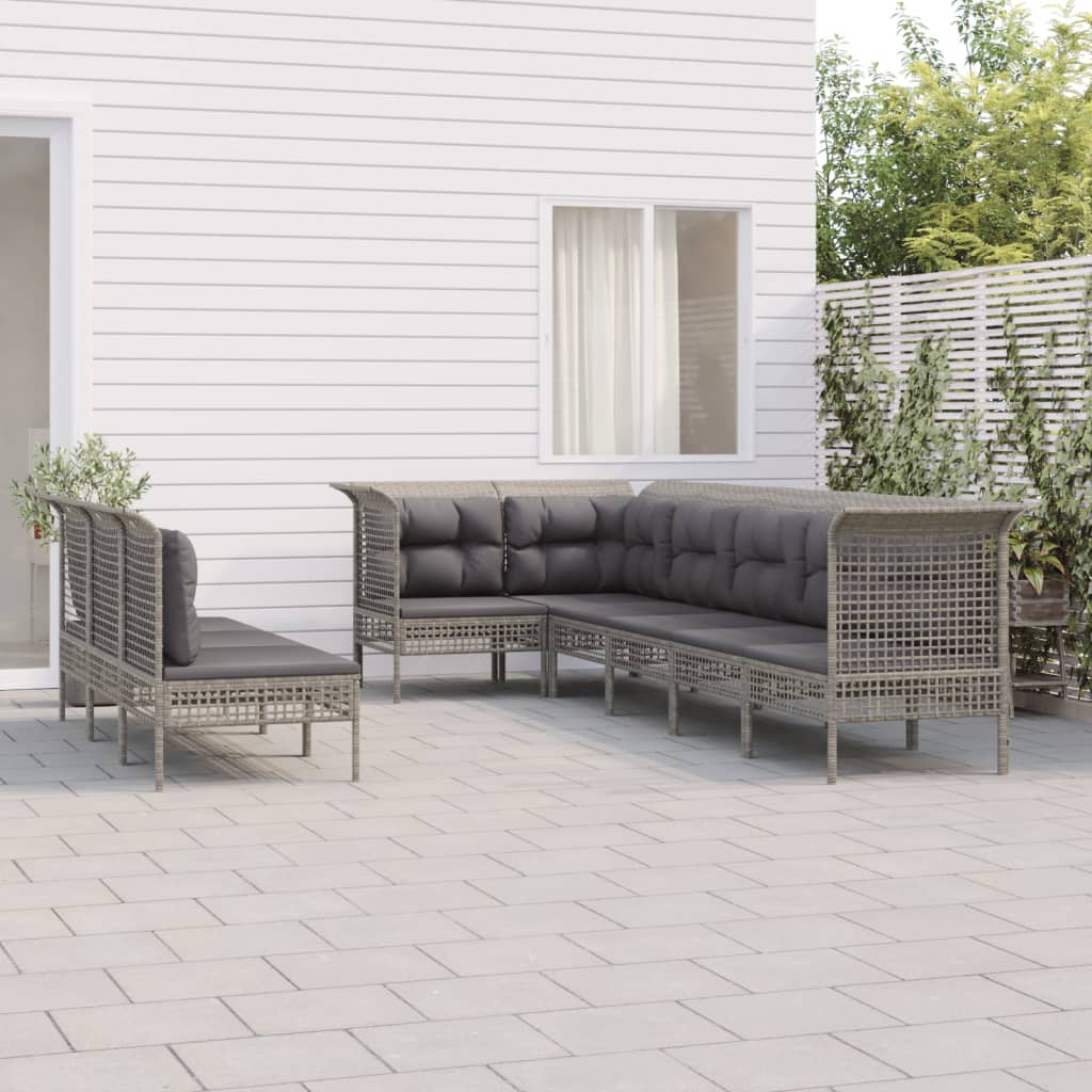 9-delige Loungeset met kussens poly rattan grijs