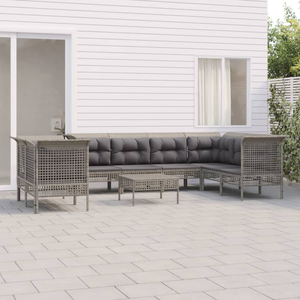 9-delige Loungeset met kussens poly rattan grijs