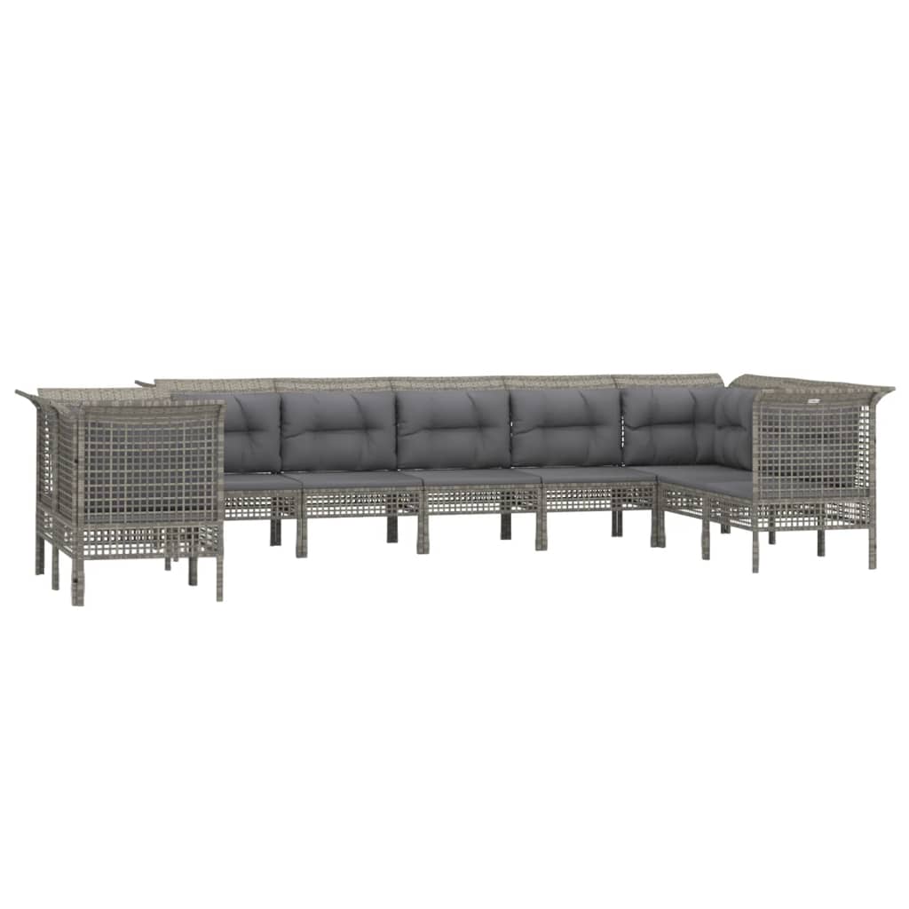 9-delige Loungeset met kussens poly rattan grijs