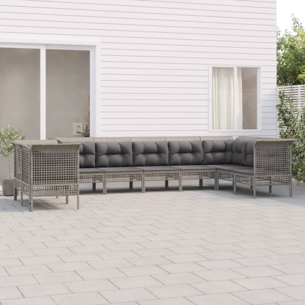 9-delige Loungeset met kussens poly rattan grijs