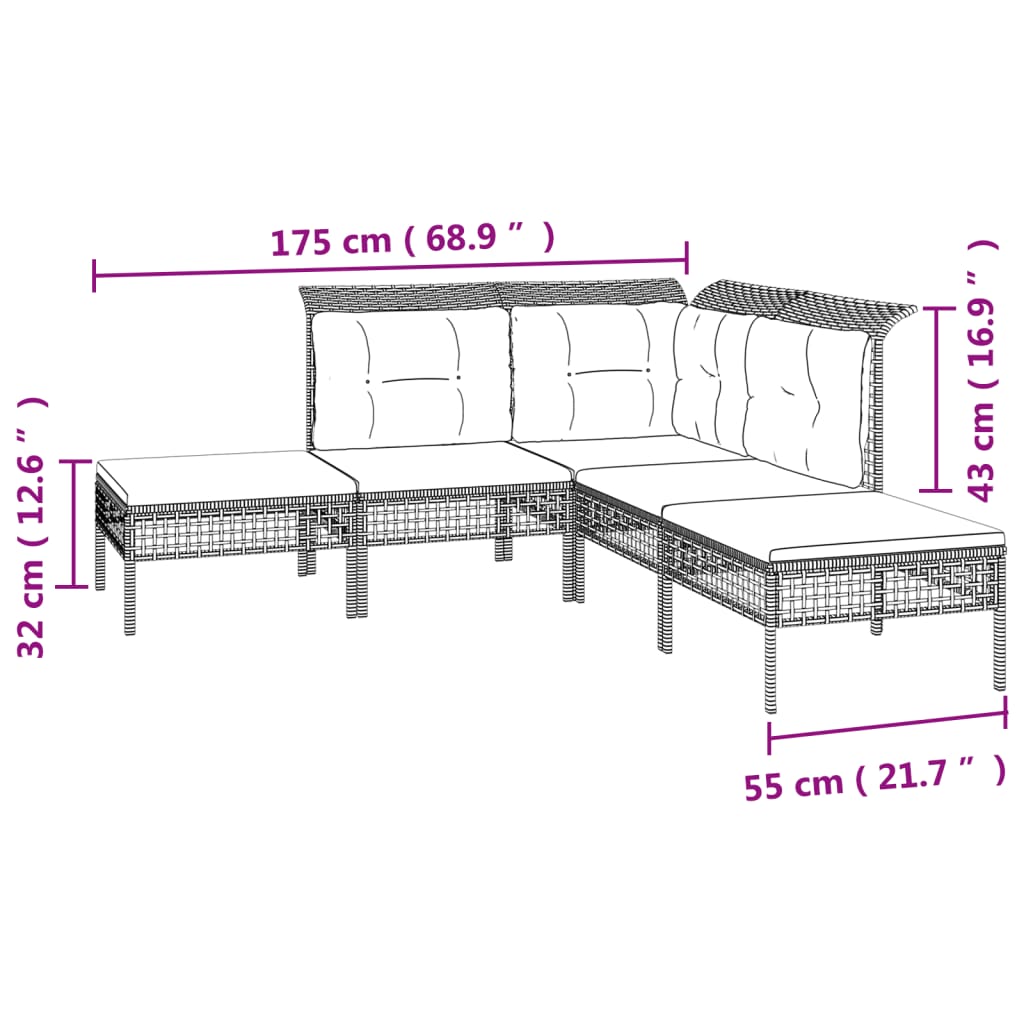 7-delige Loungeset met kussens poly rattan grijs