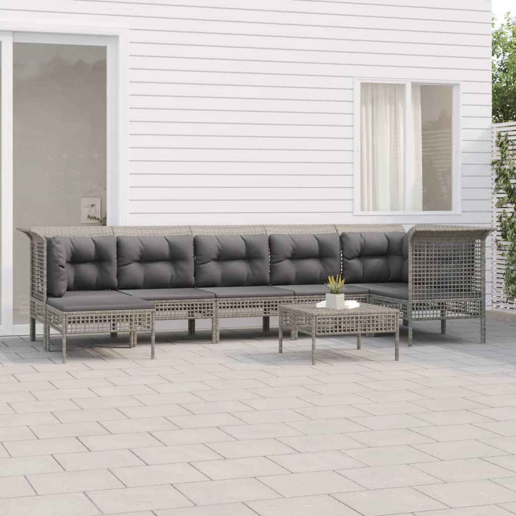 7-delige Loungeset met kussens poly rattan grijs