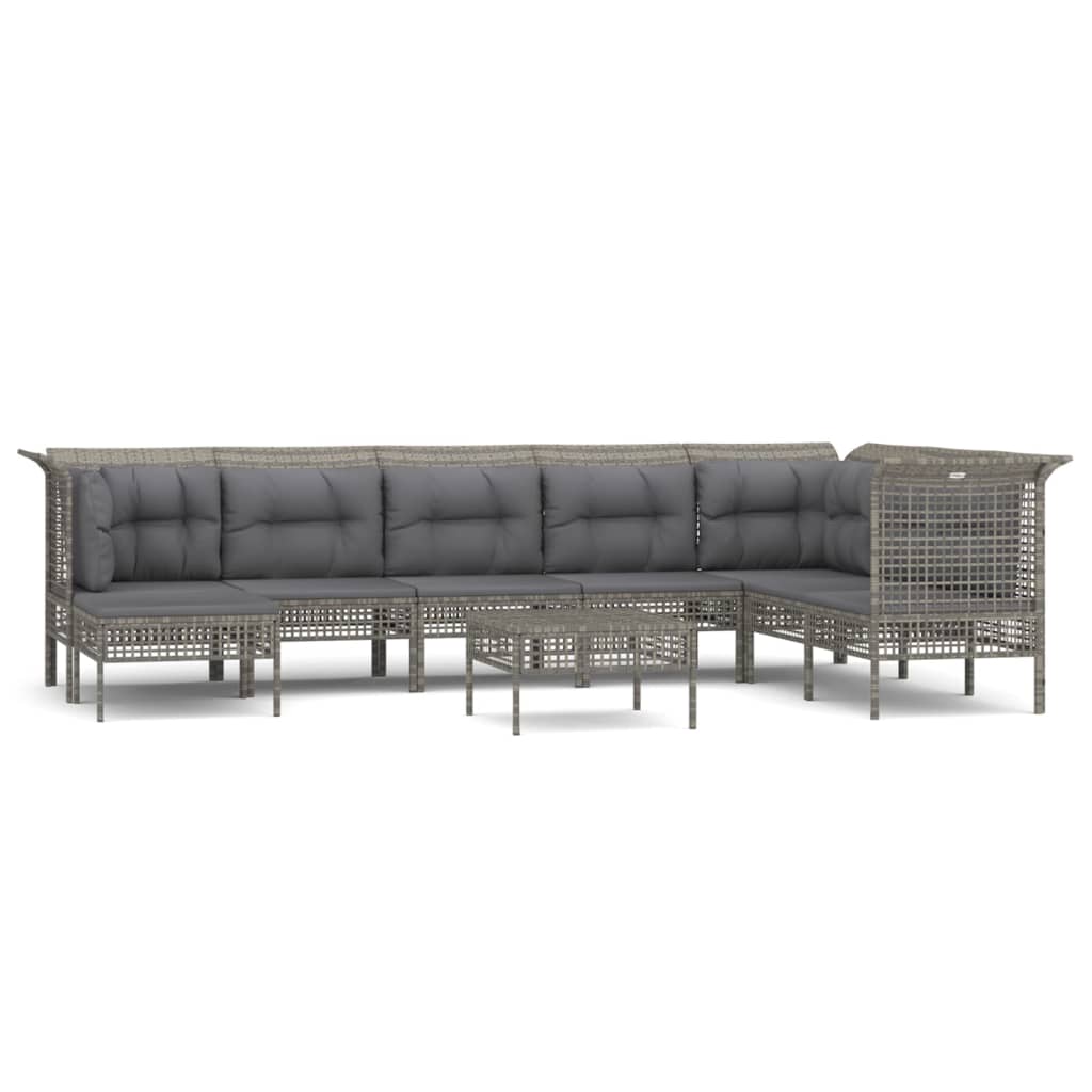 8-delige Loungeset met kussens poly rattan grijs