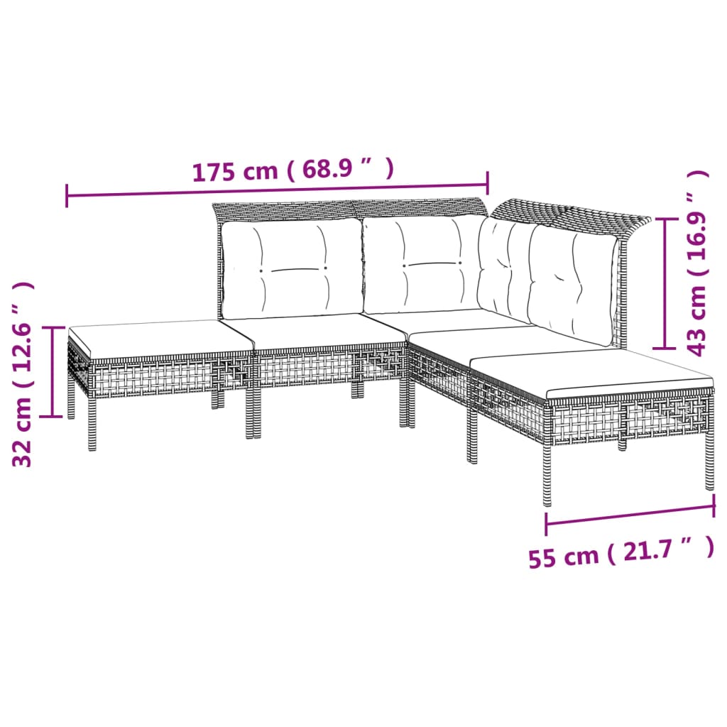 8-delige Loungeset met kussens poly rattan grijs