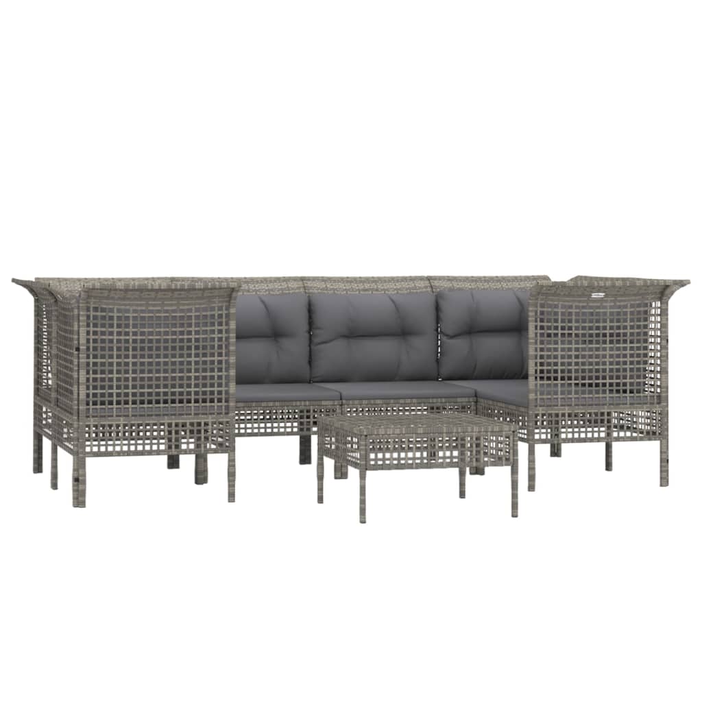 7-delige Loungeset met kussens poly rattan grijs