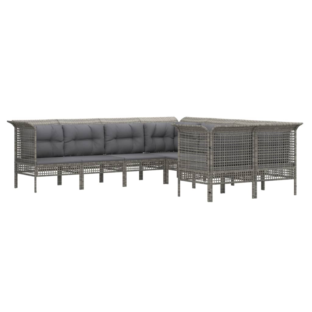 10-delige Loungeset met kussens poly rattan grijs