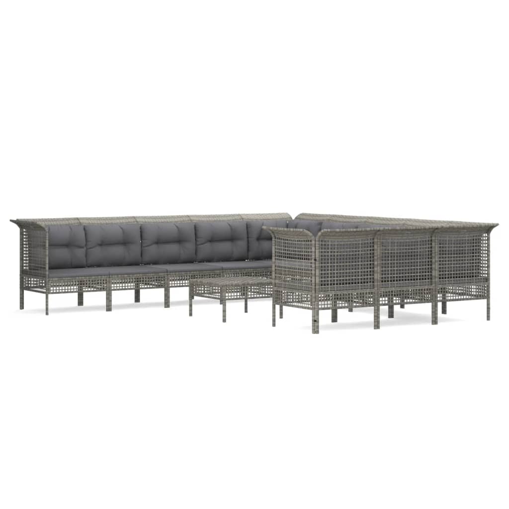 10-delige Loungeset met kussens poly rattan grijs