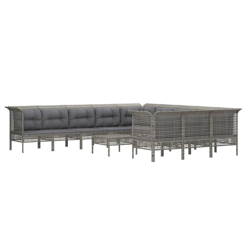 10-delige Loungeset met kussens poly rattan grijs