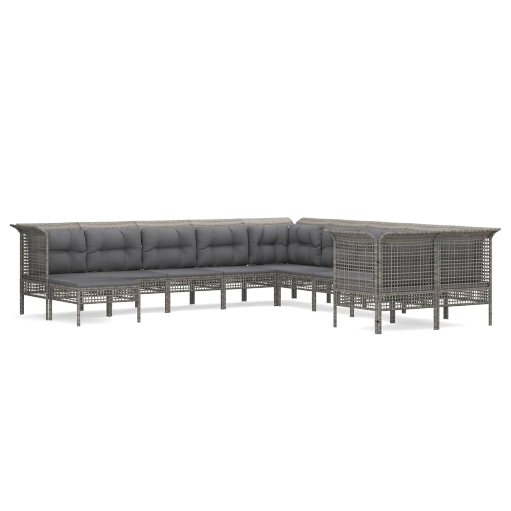 10-delige Loungeset met kussens poly rattan grijs