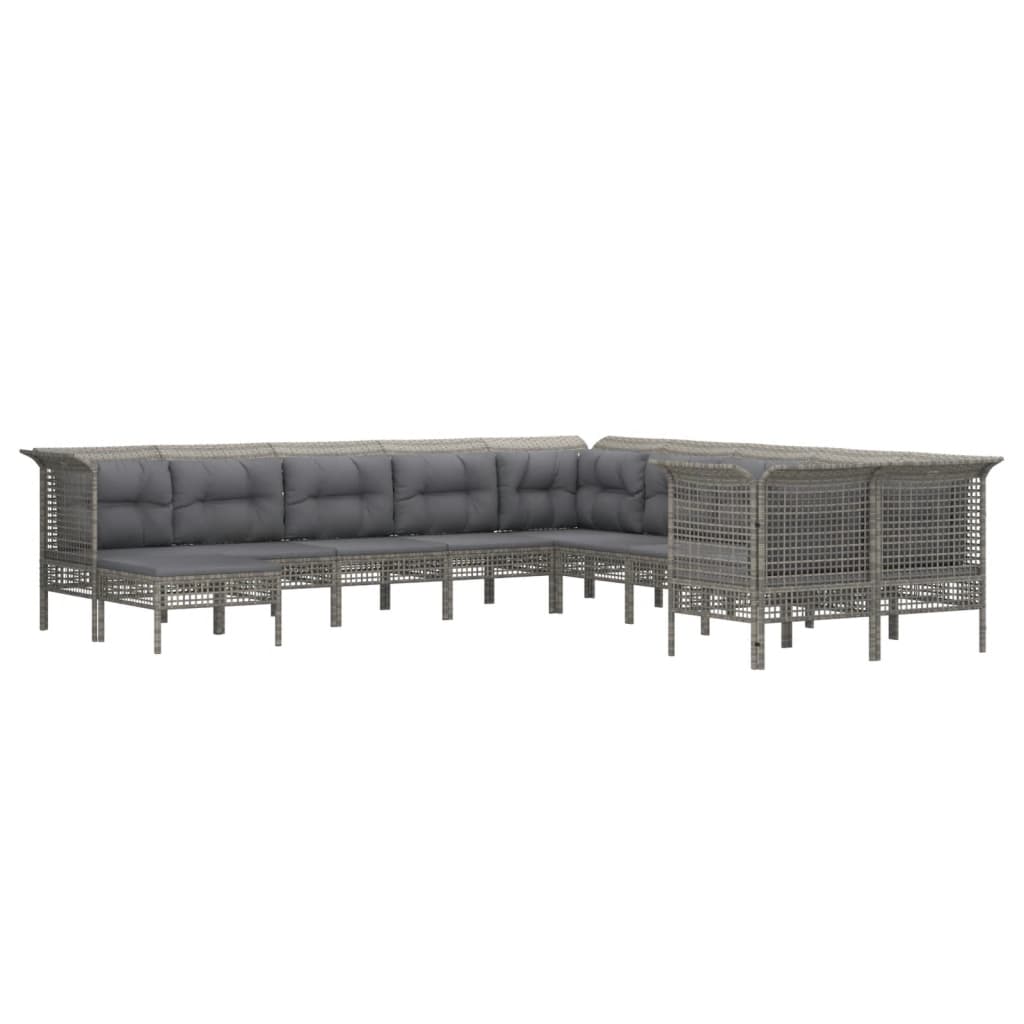 10-delige Loungeset met kussens poly rattan grijs