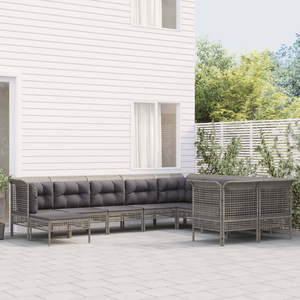 10-delige Loungeset met kussens poly rattan grijs