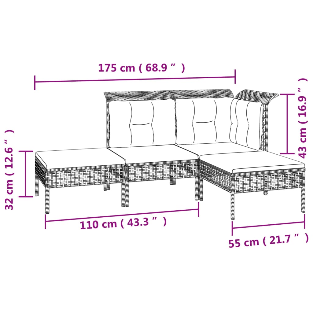 10-delige Loungeset met kussens poly rattan grijs