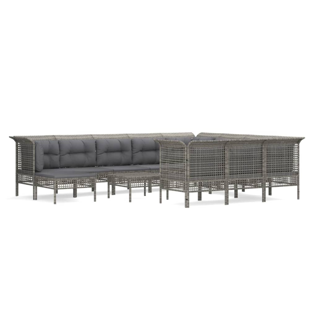 10-delige Loungeset met kussens poly rattan grijs