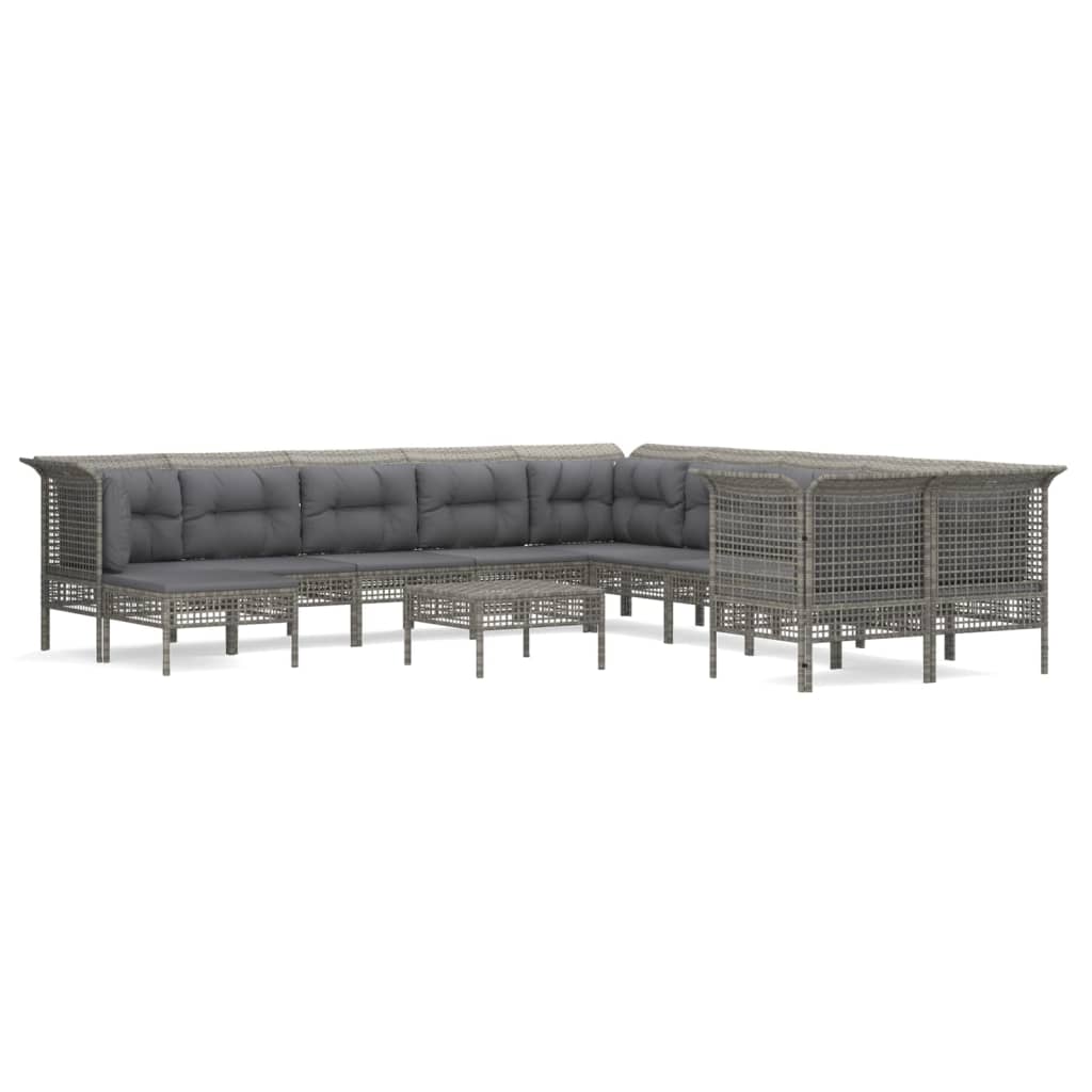 10-delige Loungeset met kussens poly rattan grijs