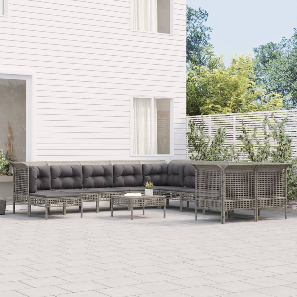 10-delige Loungeset met kussens poly rattan grijs