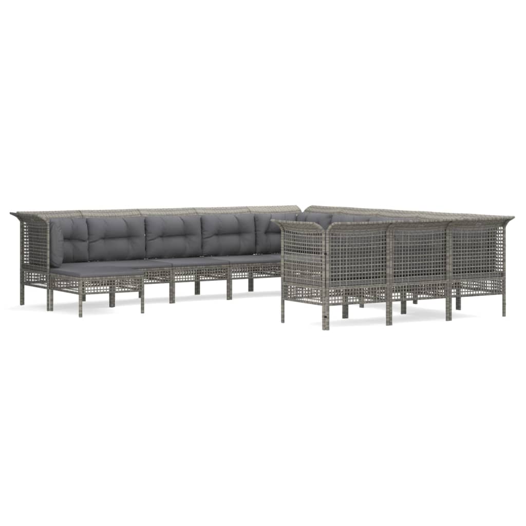 10-delige Loungeset met kussens poly rattan grijs