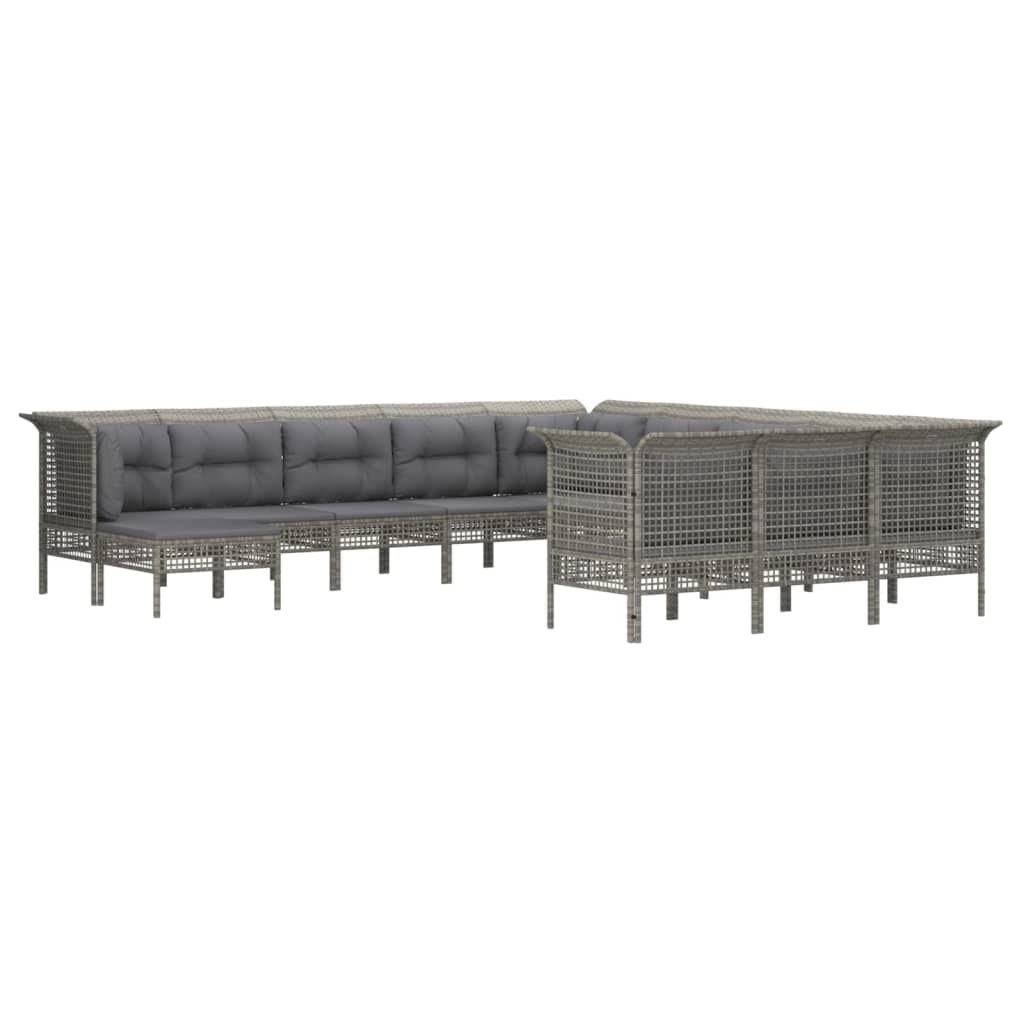 10-delige Loungeset met kussens poly rattan grijs