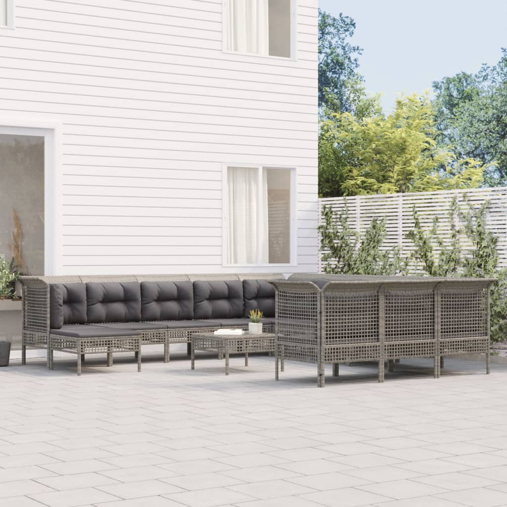 10-delige Loungeset met kussens poly rattan grijs