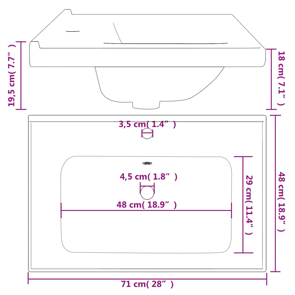 Wastafel rechthoekig 71x48x19,5 cm keramiek wit