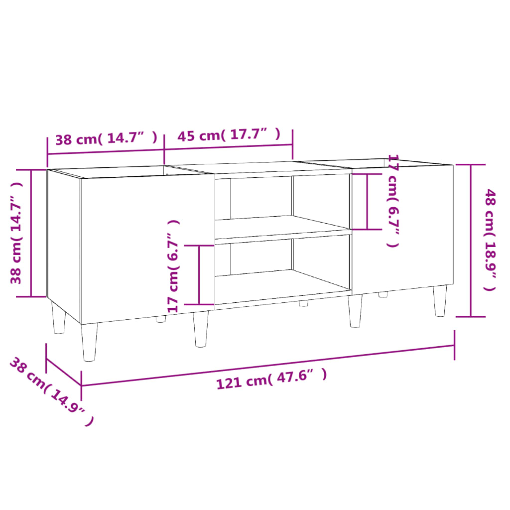 Platenkast 121x38x48 cm bewerkt hout bruin eikenkleur