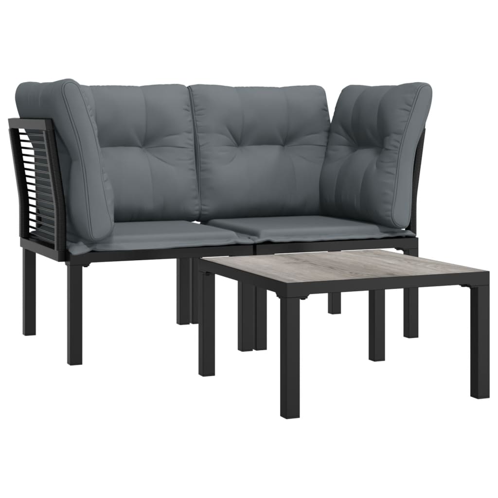 3-delige Loungeset met kussens poly rattan zwart en grijs