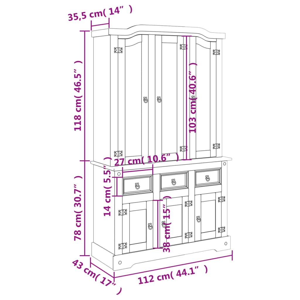 Hoge kast Corona 112x43x196 cm massief Mexicaans grenenhout