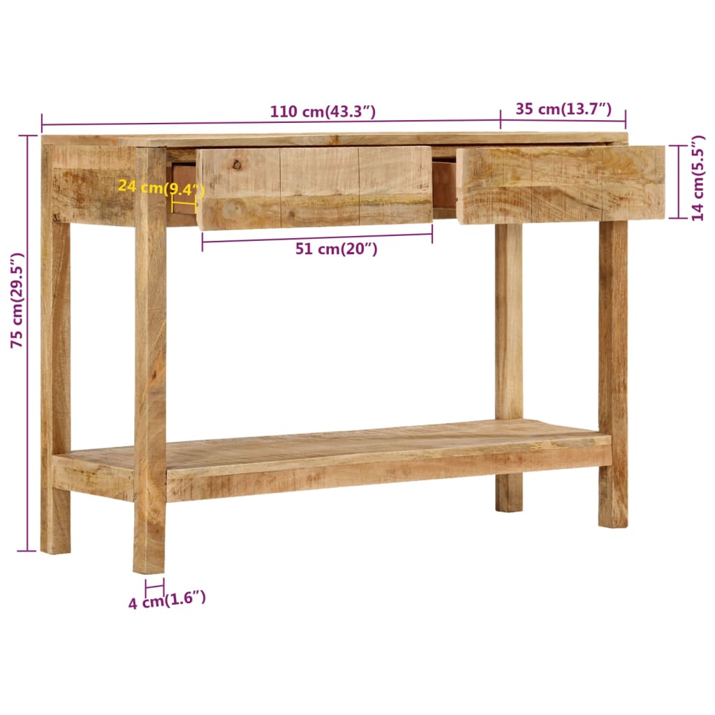 Wandtafel met 2 lades 110x35x75 cm massief mangohout